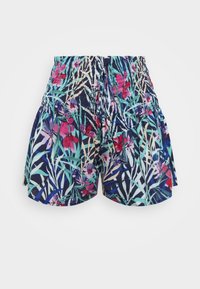 Pantalones cortos con estampado floral en azul marino, con cintura fruncida y ajuste holgado. El diseño incluye patrones botánicos en tonos rosas y verdes por todo el tejido.