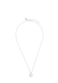 Collana d'argento con pendente a forma di cuore adornato da gemme rosa. La catena è delicata, con una lieve lucentezza e un clasp regolabile.