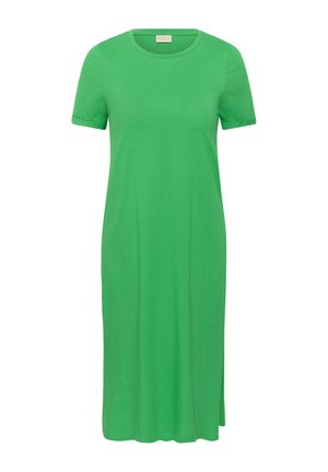 Green, short-sleeve, knee-length casual dress with round neckline and soft fabric, designed for everyday wear.
