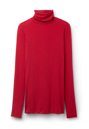 Rotes Langarm-Top mit Rollkragen aus weichem, elastischem Stoff, mit umgeschlagenem Kragen und entspannter Passform mit geradem Saum.