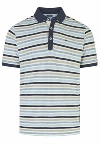 Korte mouwen polo shirt met horizontale strepen in lichtblauw, marineblauw, grijs en wit. Inclusief een marineblauwe kraag en een drieknopenknopsluiting.