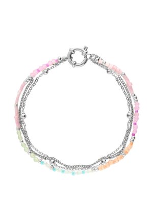 Pulsera de múltiples hilos en plata con pequeñas cuentas de colores pastel en rosa, púrpura, verde, azul y durazno, con cierre redondo.