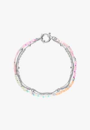 Bracciale multifilo in argento con piccoli perline pastello nei colori rosa, viola, verde, blu e pesca, con chiusura a clip rotonda.