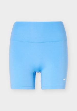 Pantaloncini sportivi azzurri chiari con fascia alta in vita e piccolo logo bianco Nike sulla parte inferiore della gamba destra su sfondo bianco.