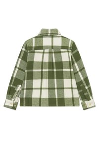 Grønn og hvit rutete skjorte, flanellmateriale, krage-design, lange ermer, knappe mansjetter, har en bakrygg og sømdetaljer.
