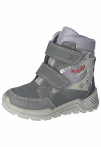 Grå mid-top støvler med to justerbare Velcro-remme, syntetisk materiale, mesh-detaljer og tekstureret gummisål. Dekorativ drage-design i grå.
