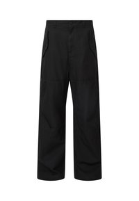 Svarta vida byxor i lätt tyg, med platt front, dubbla sidfickor och subtil sömdetalj för en strukturerad look.