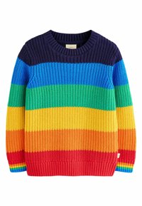 Maglione lavorato a maglia con collo rotondo, caratterizzato da righe orizzontali in navy, blu, verde, giallo, arancione e rosso, con polsini e orlo a coste.