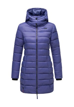 Lila Daunenjacke mit abnehmbarem Kapuzenkragen, Reißverschluss und gerippten Strickbündchen. Verfügt über horizontale Steppnähte und ein kleines Logo auf der Brust.