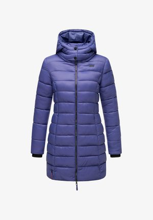 Lila Daunenjacke mit abnehmbarem Kapuzenkragen, Reißverschluss und gerippten Strickbündchen. Verfügt über horizontale Steppnähte und ein kleines Logo auf der Brust.