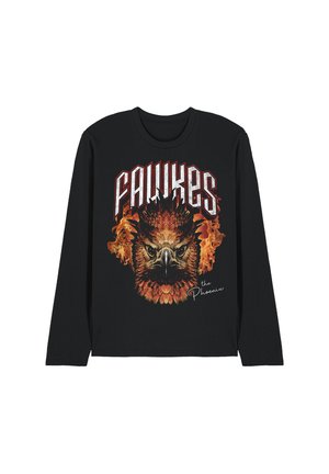 Schwarzes Langarmshirt mit einer feurigen Phönixkopf-Grafik, "FAWKES" in fetten Buchstaben darüber und "the Phoenix" unter dem Bild geschrieben.