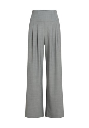 Graue, plissierte weit geschnittene Hose mit hohem Bund, hergestellt aus einem strukturierten Stoff, der eine glatte Oberfläche und klare Linien aufweist.