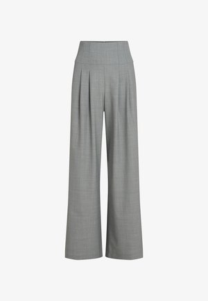 Pantalones de pierna ancha grises con pliegues y una cinturilla alta, hechos de una tela texturizada, que presentan un acabado suave y líneas limpias.