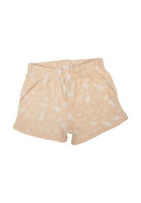 Shorts couleur pêche avec motifs floraux blancs et personnages, dotés d'une taille élastique et fabriqués en coton doux.