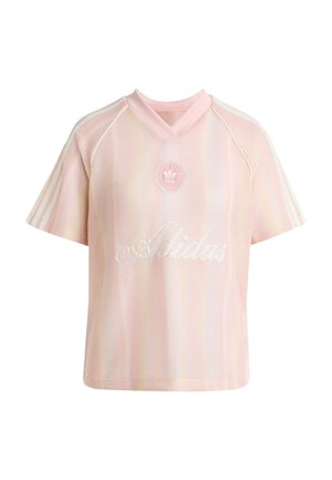 T-shirt en mesh à manches courtes rose pastel Adidas avec col en V, trois fines bandes claires sur les manches et logo blanc Adidas sur la poitrine.