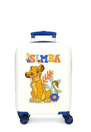Maleta blanca para niños con asa y ruedas azules, con un cachorro de león sonriente sentado junto a hojas y flores coloridas, con el texto "SIMBA".
