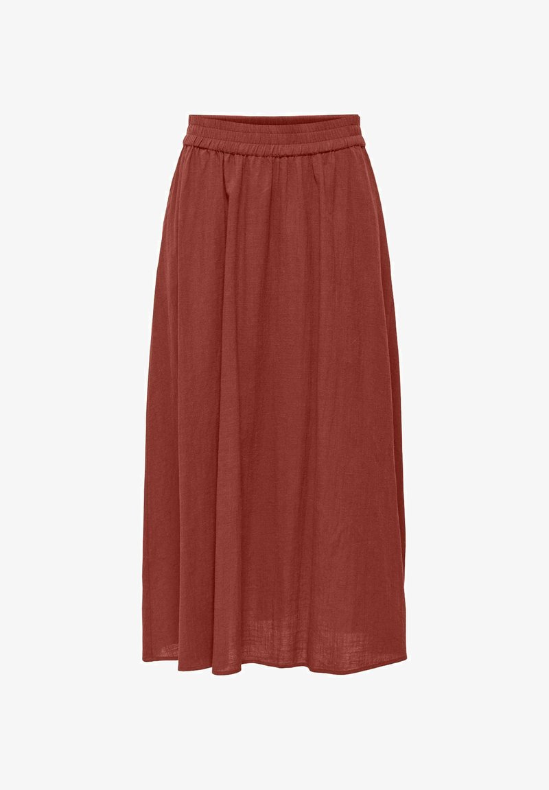 Jupe midi de couleur rouille avec taille élastique froncée, fabriquée en tissu léger et fluide.