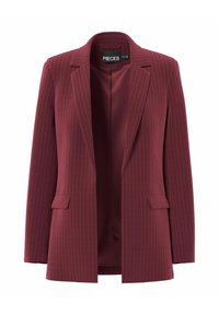 Burgundy pinstripe women's blazer with notch lapel, front flap pockets, and smooth inner lining, brand label "PIECES" inside collar.