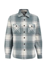 Chemise en flanelle à carreaux turquoise et blanc, dotée de deux poches poitrine, de boutons marron et d'un col classique. Texture douce avec des manches longues.