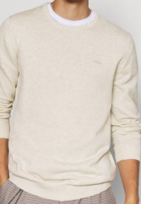 Hellbeiger Strickpullover mit Rundhalsausschnitt, gerippten Bündchen und Saum, mit feiner Textur und kleinem besticktem Logo auf der Brust.