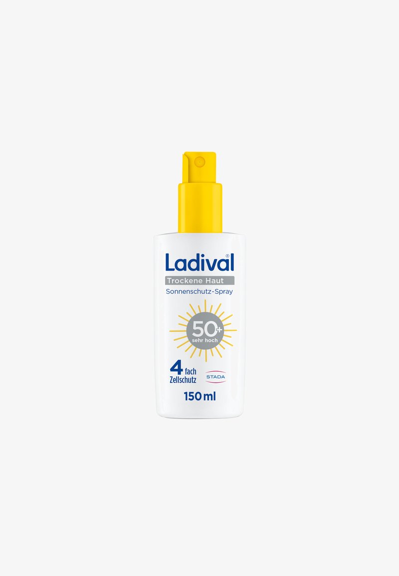 Ladival Sonnenschutzspray für trockene Haut, LSF 50+, 150 ml, gelber Sprühkopf, mit vierfachem Zellschutz.