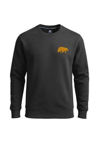 Sudadera gris oscuro de algodón con cuello redondo. Presenta un bordado de silueta de oso naranja en el pecho. Corte regular, con puños acanalados.