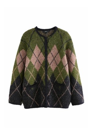 Cardigan med knapper, med grøn, pink og sort argylemønster, der har lange ærmer, forlommer og en rund halsudskæring.