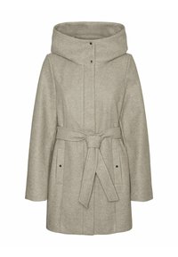 Beigen värinen villasekoitepäällystakki, jossa leveä kaulus, pitkät hihat, vyö vyötäröllä ja kaksi etutaskua, joissa pikalukot.