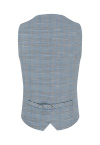 Jasnoniebieska i szaro-biała kamizelka w kratę wykonana z teksturowanej tkaniny, z dekoltem w serek, podwójnym zapięciem na guziki oraz skośnym wykończeniem z tyłu.