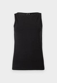 Haut noir sans manches, ajusté, avec un col rond montant, présenté sur un fond clair uni.