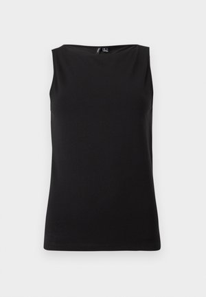 Μαύρο εφαρμοστό τοπ χωρίς μανίκια με ψηλό στρογγυλό λαιμόκομμα, παρουσιάζεται μπροστά σε απλό ανοιχτό φόντο.