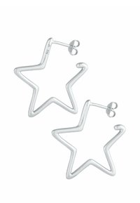 Orecchini a cerchio a forma di stella in argento con una finitura liscia e un design sottile e simile a un filo. Presentano una chiusura a gancio per una fissazione sicura.