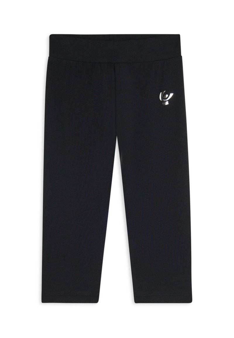 Leggings neri a tre quarti con un ampio elastico in vita e un piccolo logo riflettente argento sulla parte superiore della coscia sinistra.