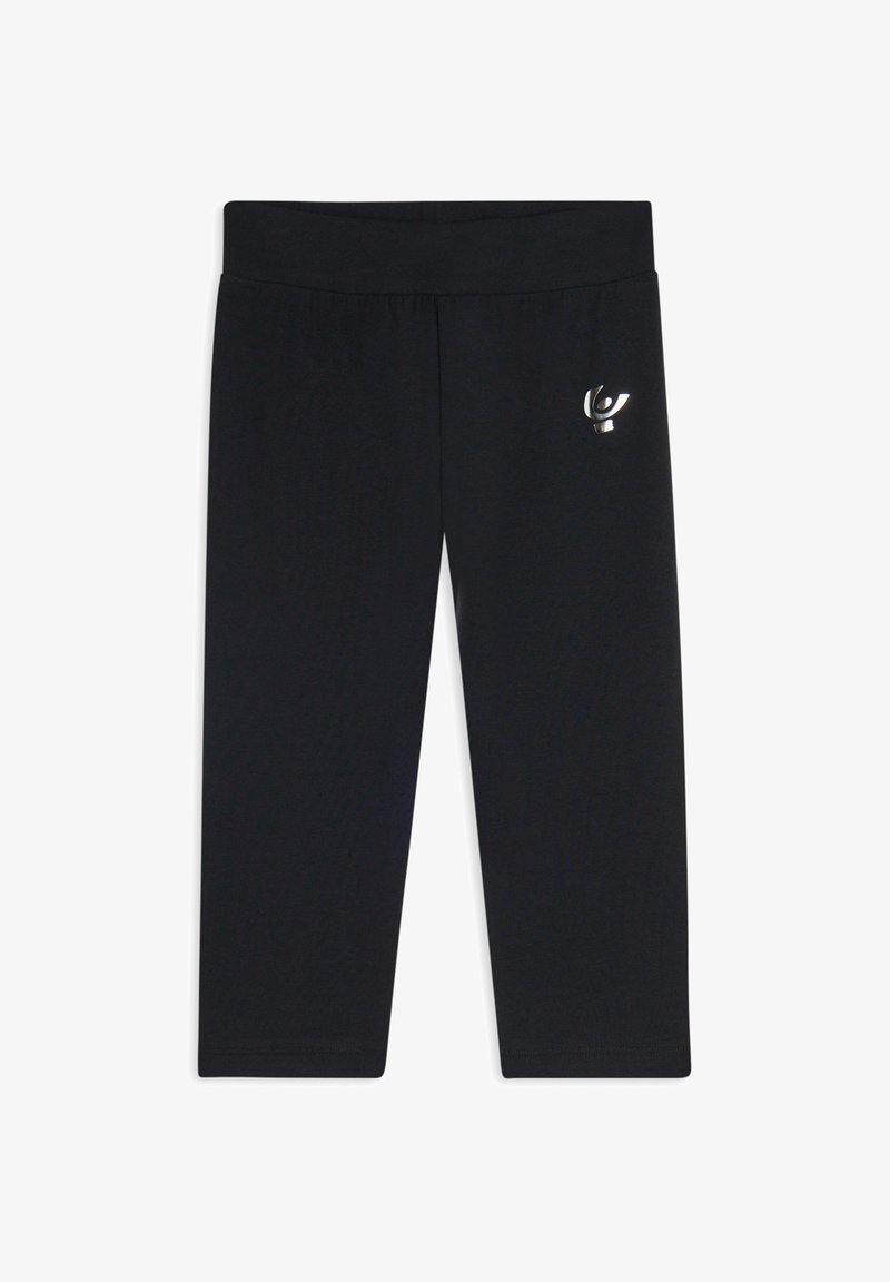 Leggings neri a tre quarti con un ampio elastico in vita e un piccolo logo riflettente argento sulla parte superiore della coscia sinistra.