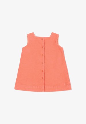 Vestito in velluto a coste rosa corallo senza maniche per bambino piccolo con chiusura frontale con bottoni e scollo quadrato.