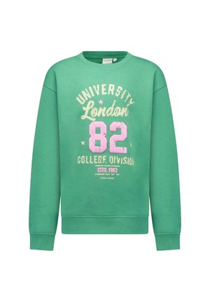 Groene fleece sweatshirt met ronde hals, lange mouwen en geribbelde zoom. Bevat geprinte tekst: "University London 82" in roze en wit.