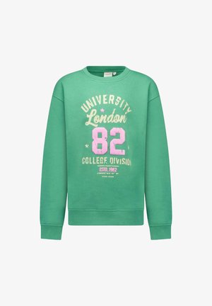 Groene fleece sweatshirt met ronde hals, lange mouwen en geribbelde zoom. Bevat geprinte tekst: "University London 82" in roze en wit.