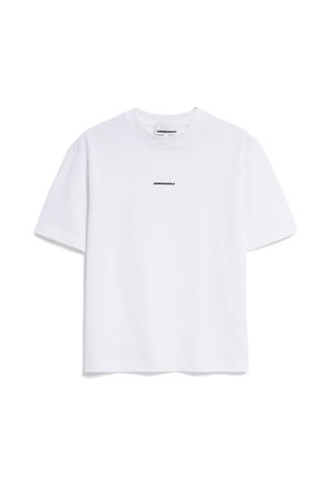 White short-sleeve cotton t-shirt featuring a small black "ARMEDANGELS" logo on the chest. Classic crew neck design with straight hem.