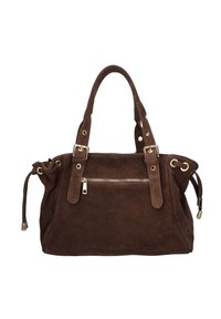 Sac à main en daim marron avec ferrures dorées, deux poignées courtes, une poche zippée et un détail à cordon de serrage sur les côtés.