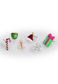 Set med sex studs örhängen med en godisstång, grön hjärta, jultomtehuvud, pepparkaksgubbe, presentask och silverrosett med färgglada detaljer.