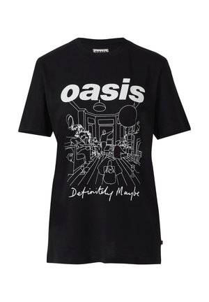 Schwarzes Baumwoll-T-Shirt mit einer weißen Linienstichzeichnung einer Innenszene und dem Text "Oase" und "Definitely Maybe" am unteren Rand.
