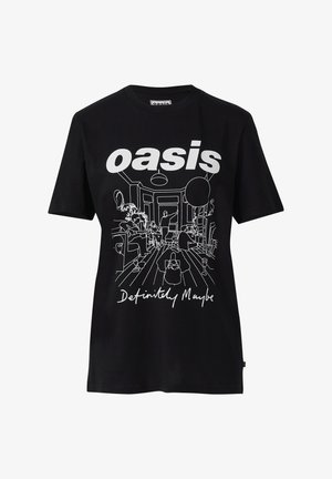 Schwarzes Baumwoll-T-Shirt mit einer weißen Linienstichzeichnung einer Innenszene und dem Text "Oase" und "Definitely Maybe" am unteren Rand.
