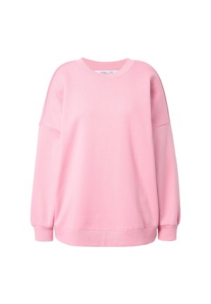 Sweatshirt rose à col rond avec manches longues, poignets et ourlet côtelés, présenté sur fond blanc.