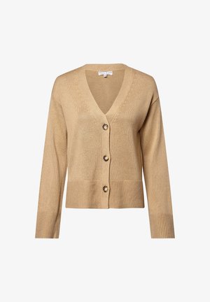 Beżowy dzianinowy kardigan z dekoltem w serek, trzema guzikami w kolorze skorupy żółwia, długimi rękawami oraz prążkowanymi mankietami i dołem.