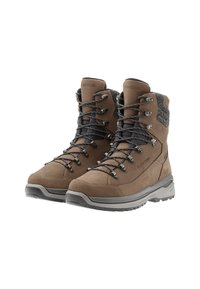 Scarpe da trekking marroni realizzate in suede e tessuto, con lacci grigi, un colletto imbottito e una suola in gomma robusta per garantire aderenza.