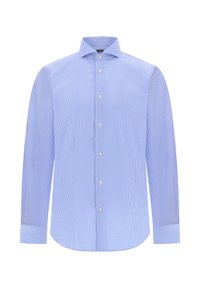 Světle modrá kostkovaná košile s límečkem na knoflíček, dlouhými rukávy a zapínáním na knoflíky v přední části, vyrobená z tkané bavlněné látky.