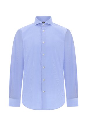 Světle modrá kostkovaná košile s límečkem na knoflíček, dlouhými rukávy a zapínáním na knoflíky v přední části, vyrobená z tkané bavlněné látky.