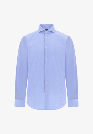 Světle modrá kostkovaná košile s límečkem na knoflíček, dlouhými rukávy a zapínáním na knoflíky v přední části, vyrobená z tkané bavlněné látky.