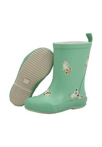 Botte de pluie en caoutchouc vert avec semelle texturée, ornée de motifs colorés de koalas. Bout arrondi, capuchon de protection renforcé et languette arrière pour un enfilage facile.