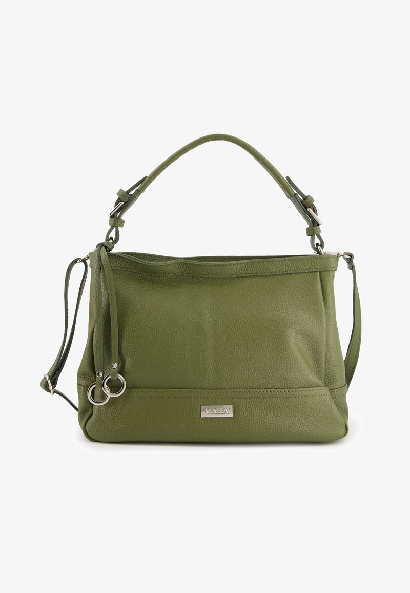 Sac à main en cuir vert avec une surface texturée, des poignées doubles, des accents en métal argenté et une bandoulière amovible. Présente une plaque logo.